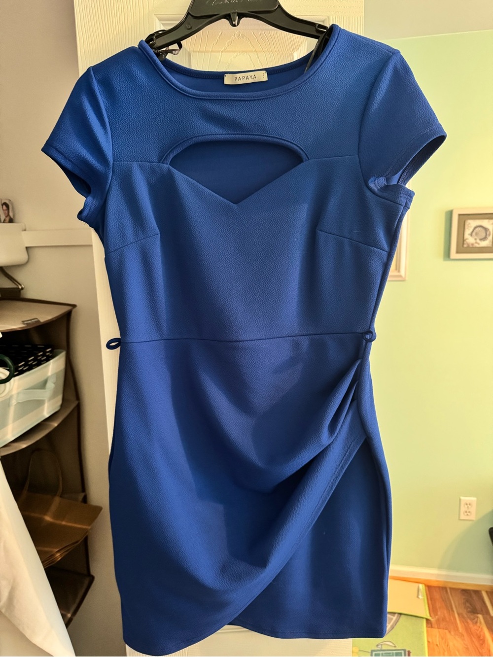 Papaya Cobalt Blue Cap-Sleeve Sheath Dress with Cutout and Side Drape